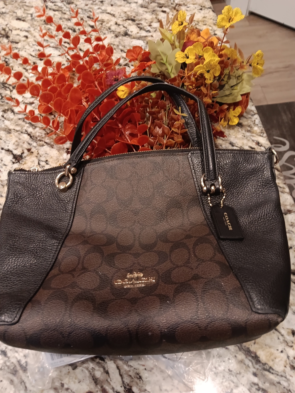 Coach Brown/Black Signature Canvas and Black Leather Tote